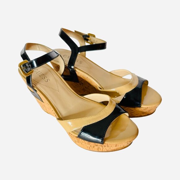 GUESS Cork Wedge Strappy Heels Black/Nude 7.5M - Picture 1 of 12